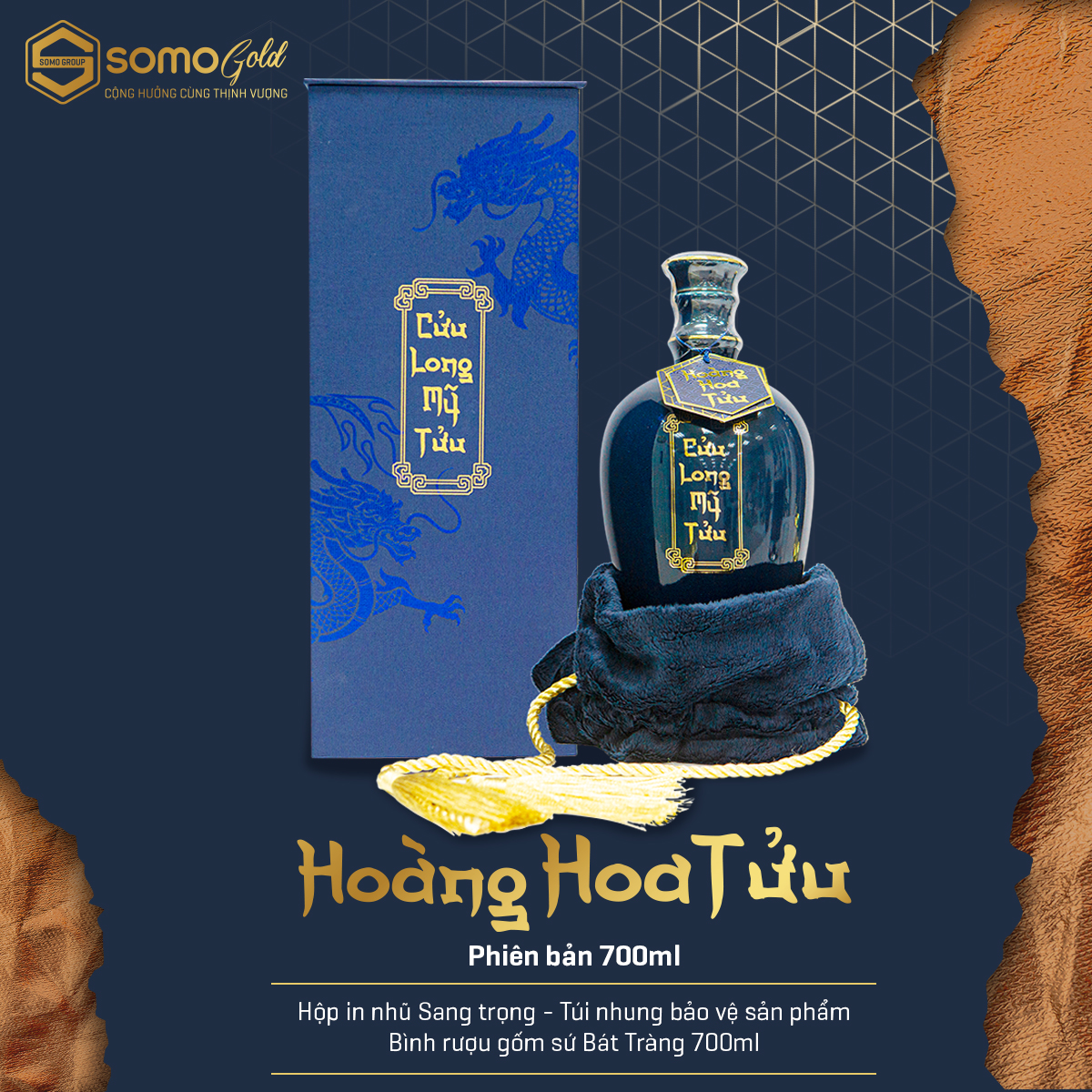 hoàng hoa tửu bình sứ 700ml hộp túi nhung